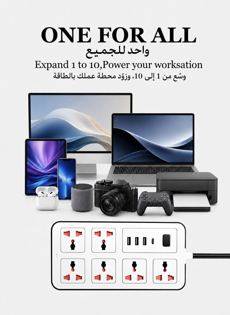Extension Cord Protector Power Strip with 6 Outlets, 3 USB-A Ports, 1 USB-C Port, Flat Plug, Wall Mountable, Desk USB Charging Station, Ideal for All Electronic Devices, White - Image 2
