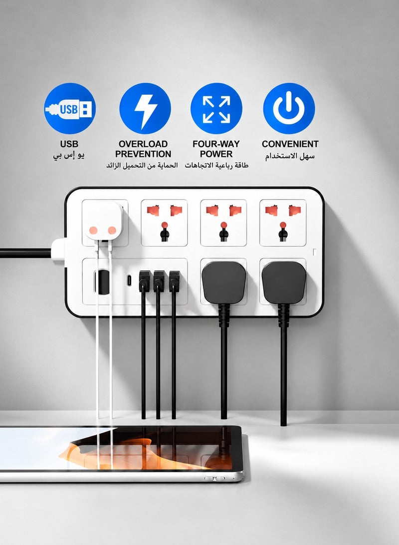 Extension Cord Protector Power Strip with 6 Outlets, 3 USB-A Ports, 1 USB-C Port, Flat Plug, Wall Mountable, Desk USB Charging Station, Ideal for All Electronic Devices, White - Image 3