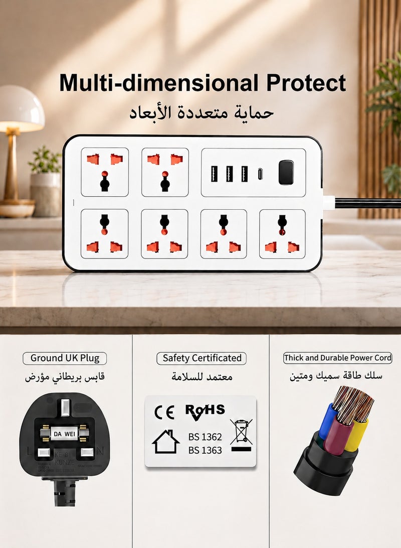 Extension Cord Protector Power Strip with 6 Outlets, 3 USB-A Ports, 1 USB-C Port, Flat Plug, Wall Mountable, Desk USB Charging Station, Ideal for All Electronic Devices, White - Image 5