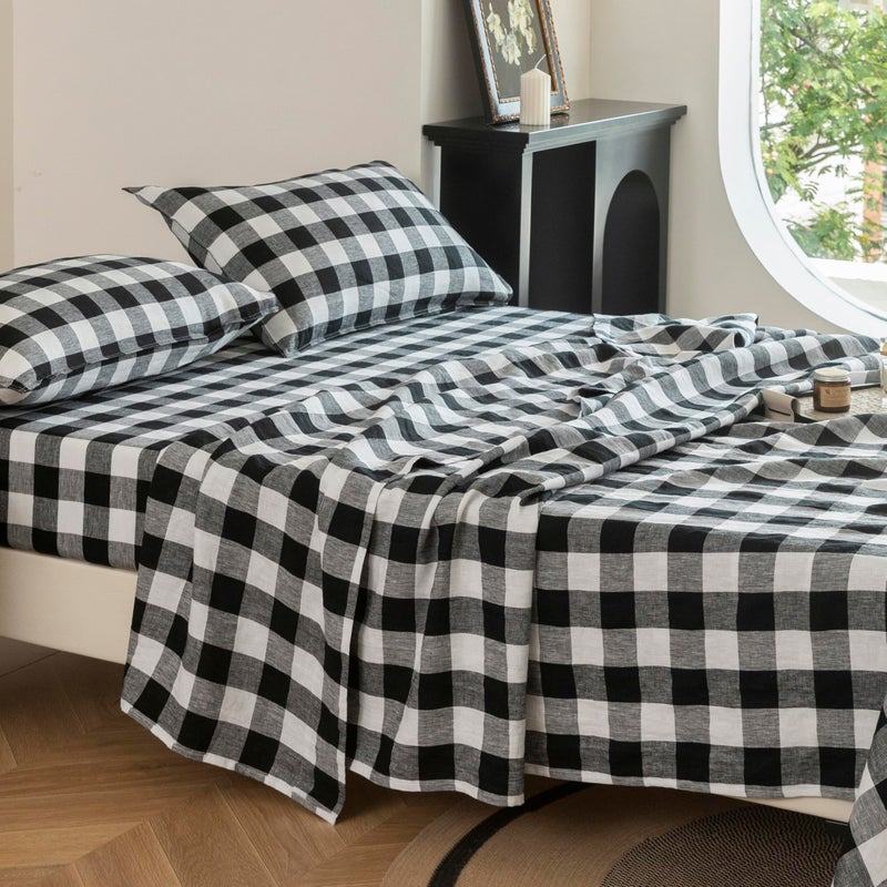 EVERLY Linen Sheets California King Size 100% French Stonewash Linen Sheets Set 4Pieces (1Flat Sheet 1Fitted Sheet 2Pillowcase) Suitable for Hot Sleepers Deep Pocket Natural Bedding Set-Black Plaid - Image 3