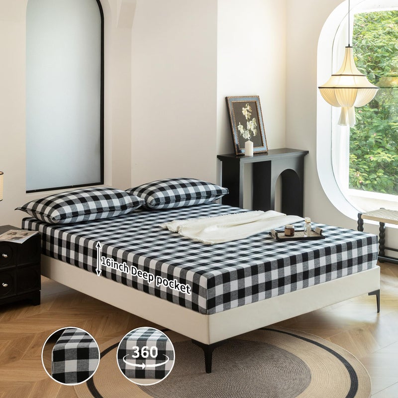 EVERLY Linen Sheets California King Size 100% French Stonewash Linen Sheets Set 4Pieces (1Flat Sheet 1Fitted Sheet 2Pillowcase) Suitable for Hot Sleepers Deep Pocket Natural Bedding Set-Black Plaid - Image 5