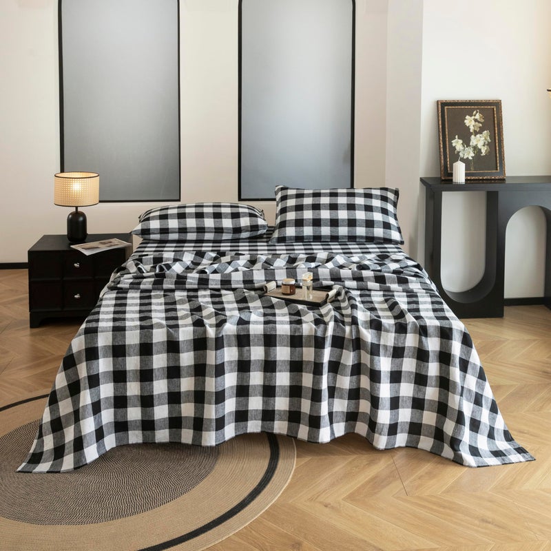 EVERLY Linen Sheets California King Size 100% French Stonewash Linen Sheets Set 4Pieces (1Flat Sheet 1Fitted Sheet 2Pillowcase) Suitable for Hot Sleepers Deep Pocket Natural Bedding Set-Black Plaid - Image 1