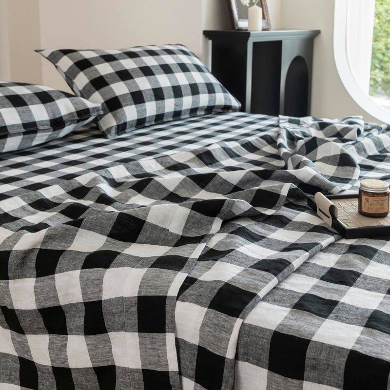 EVERLY Linen Sheets California King Size 100% French Stonewash Linen Sheets Set 4Pieces (1Flat Sheet 1Fitted Sheet 2Pillowcase) Suitable for Hot Sleepers Deep Pocket Natural Bedding Set-Black Plaid - Image 4