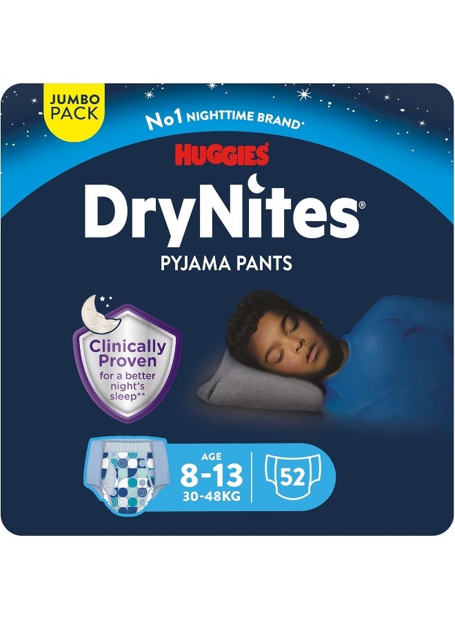 HUGGIES سراويل هاجيز دراينيتس للنوم، 8-13 سنة، حفاضات تسرب السرير، أولاد، 30-48 كجم، 4 عبوات كبيرة، 52 سروال - Image 1