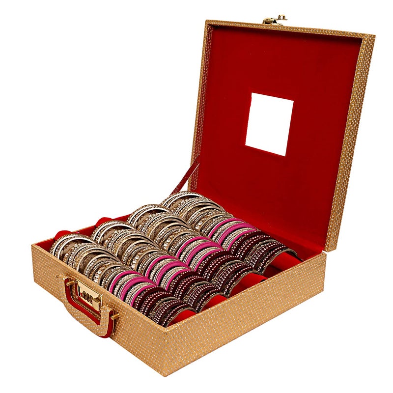 Kuber Industries Kuber Industries Stone Design Wooden 4 Rod Bangle Storage Box With Mirror & Numer Lock System (Gold)-HS_38_KUBMART20952  - Image 4