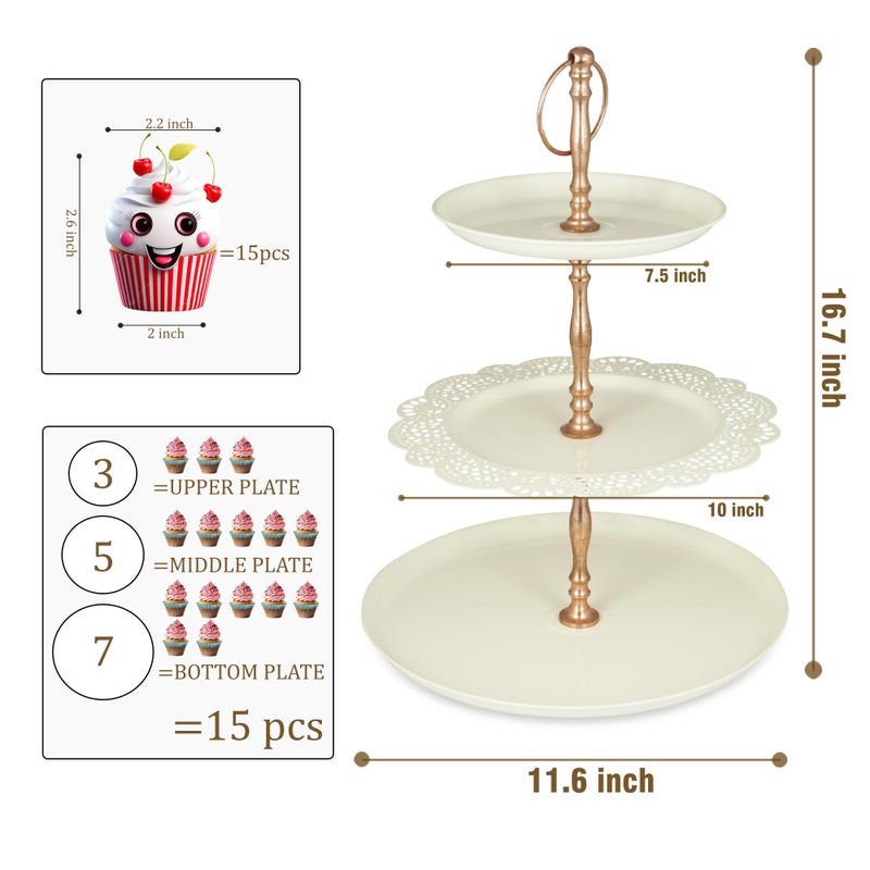 Elan حامل كعكة وكب كيك ثلاثي الطبقات من ELAN بتصميم معدني لحفلات أعياد الميلاد/الزفاف، حامل/قاعدة للحلويات (أوف وايت) - Image 2