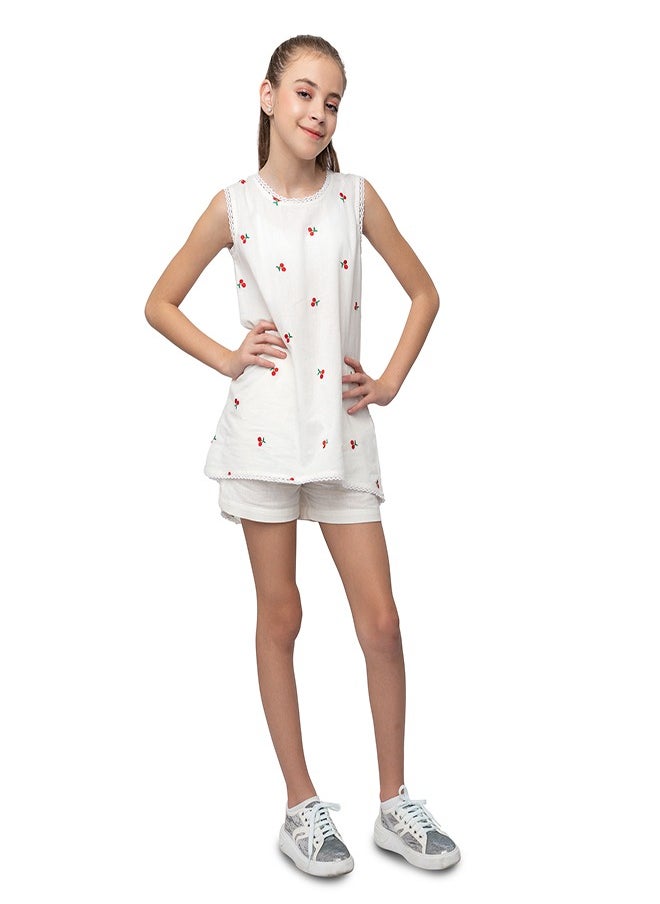 babyqlo Cherry embroidered long tail cotton top with short set for girls  - Image 1