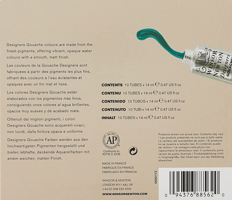 Winsor Newton Winsor & Newton Designers' Gouache Introductory 10-Tube Paint Set, 14ml,Blue,green,ivory,white - Image 2