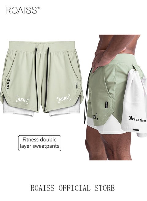 Five-Point Sports Shorts Fake Two-Piece Quick Drying Double Layer Basketball Pants Anti-Light Running Fitness Summer Multi-pocket Squat Quick-Drying Pants Casual Running Elastic Waist Green