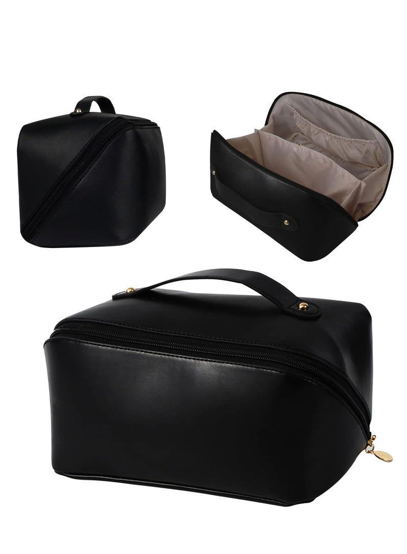 MIXDE Large-Capacity Travel Cosmetic Bag | Leather Makeup Bag | Waterproof Portable Cosmetic Bag | Multifunctional Storage Makeup Bag | Travel Cosmetic Bag (Black)  - Image 1