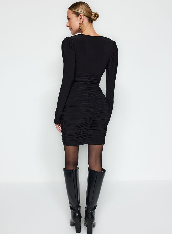 trendyol Black Draped V-Neck Fitted Flexible Mini Knitted Pencil Dress TWOAW24EL00817 - Image 5