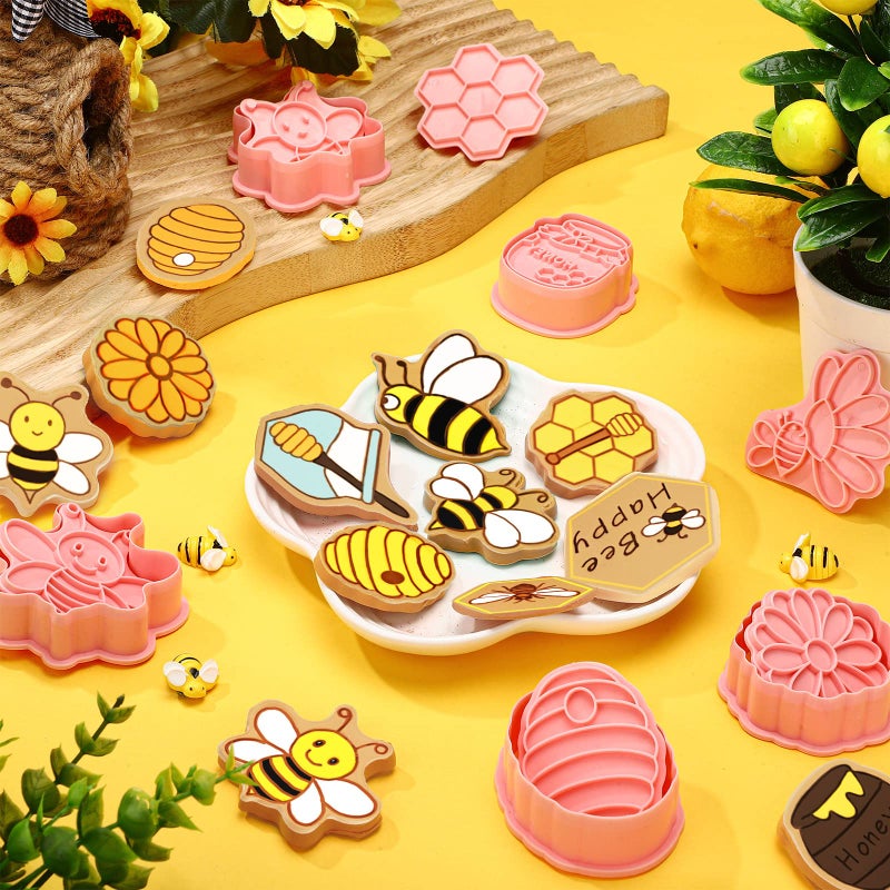 Hoolerry 16 Pcs Bee Cookie Cutters with Plunger Stamps Set Mini Bee Honeycomb Cookie Stamps 3D Plastic Biscuit Mold Fondant Cookie Stamper for Cookie Baking Birthday Party Supplies(Plain Style) - Image 4