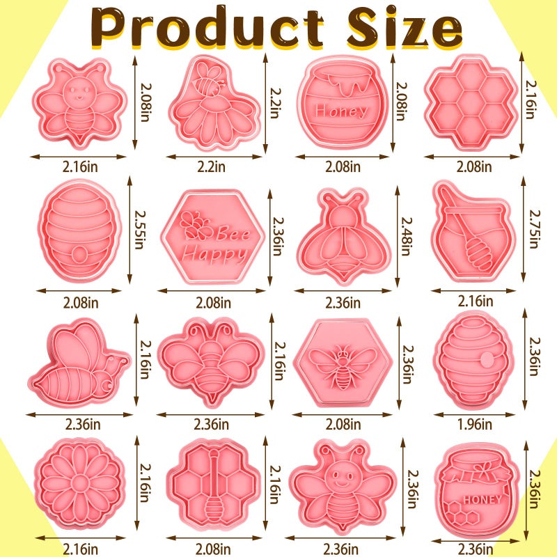 Hoolerry 16 Pcs Bee Cookie Cutters with Plunger Stamps Set Mini Bee Honeycomb Cookie Stamps 3D Plastic Biscuit Mold Fondant Cookie Stamper for Cookie Baking Birthday Party Supplies(Plain Style) - Image 3