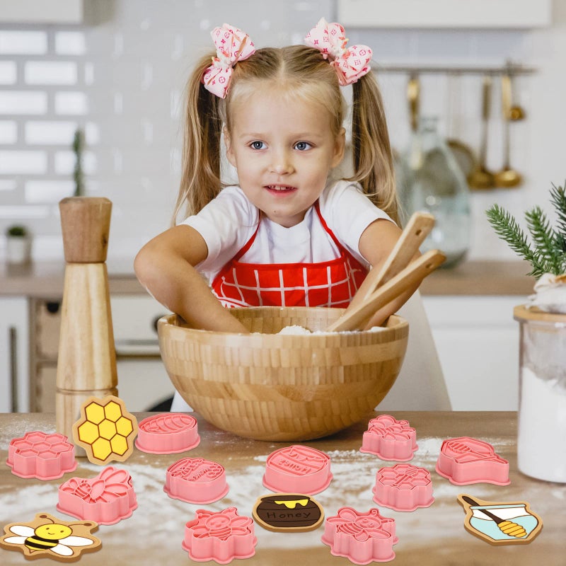 Hoolerry 16 Pcs Bee Cookie Cutters with Plunger Stamps Set Mini Bee Honeycomb Cookie Stamps 3D Plastic Biscuit Mold Fondant Cookie Stamper for Cookie Baking Birthday Party Supplies(Plain Style) - Image 2
