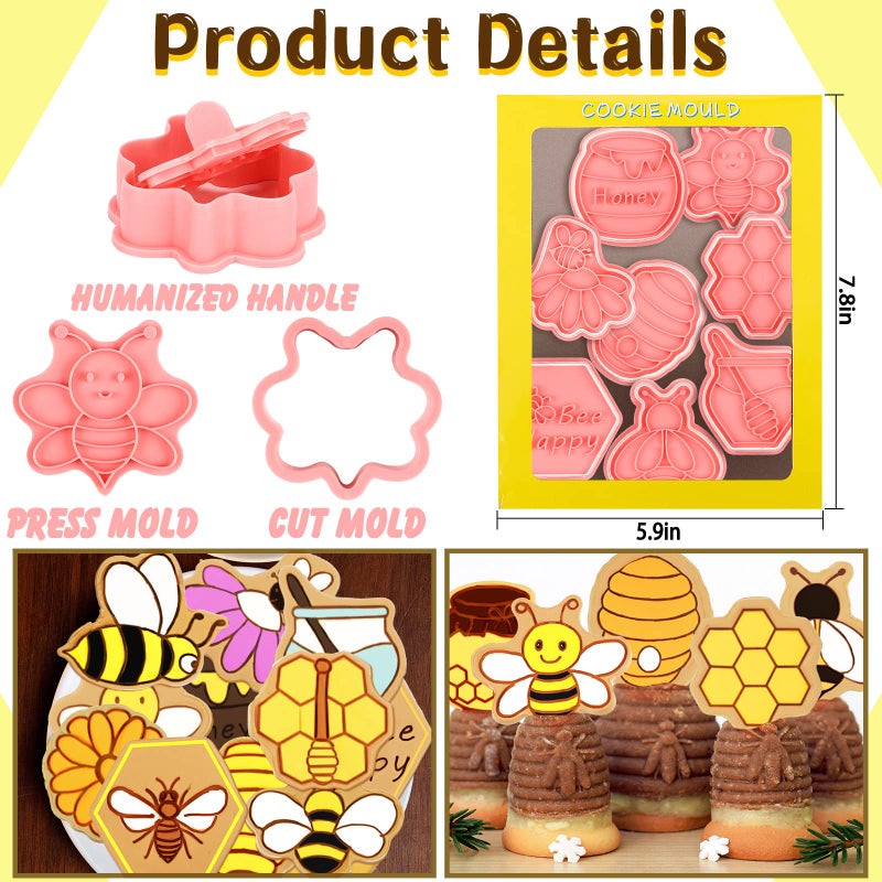 Hoolerry 16 Pcs Bee Cookie Cutters with Plunger Stamps Set Mini Bee Honeycomb Cookie Stamps 3D Plastic Biscuit Mold Fondant Cookie Stamper for Cookie Baking Birthday Party Supplies(Plain Style) - Image 5