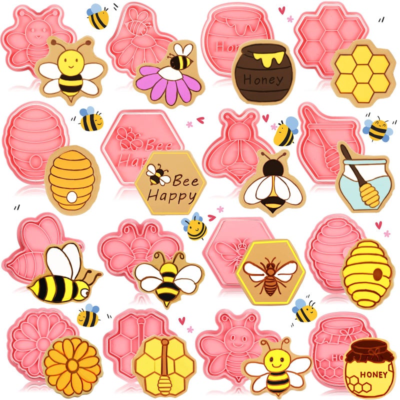 Hoolerry 16 Pcs Bee Cookie Cutters with Plunger Stamps Set Mini Bee Honeycomb Cookie Stamps 3D Plastic Biscuit Mold Fondant Cookie Stamper for Cookie Baking Birthday Party Supplies(Plain Style) - Image 1