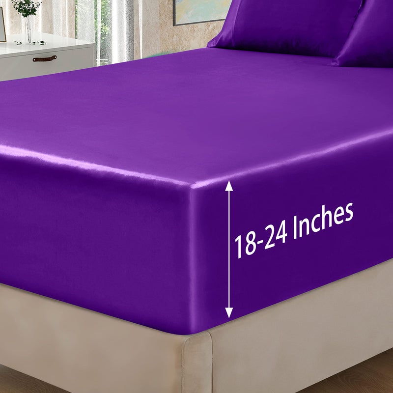 Homiest 4pcs Extra Deep Pocket Satin Sheets Queen Size Bed Set  18-24 Inch Deep Pocket Bed Sheets Purple Satin Sheet Set  Silky Satin Bedding Set Luxury Fitted Sheet Set Fits Ultra Deep Mattress - Image 4