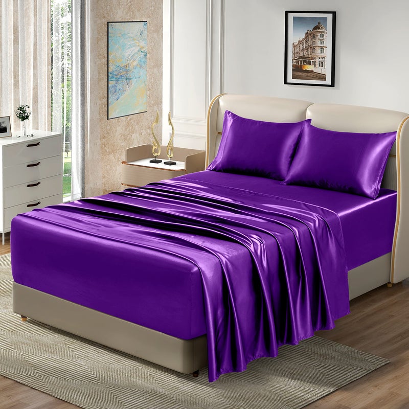 Homiest 4pcs Extra Deep Pocket Satin Sheets Queen Size Bed Set  18-24 Inch Deep Pocket Bed Sheets Purple Satin Sheet Set  Silky Satin Bedding Set Luxury Fitted Sheet Set Fits Ultra Deep Mattress - Image 1