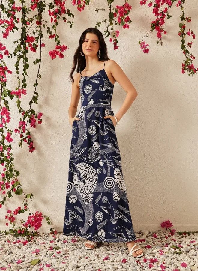 STREET 9 Navy Blue Abstract Printed Maxi Dress for Women