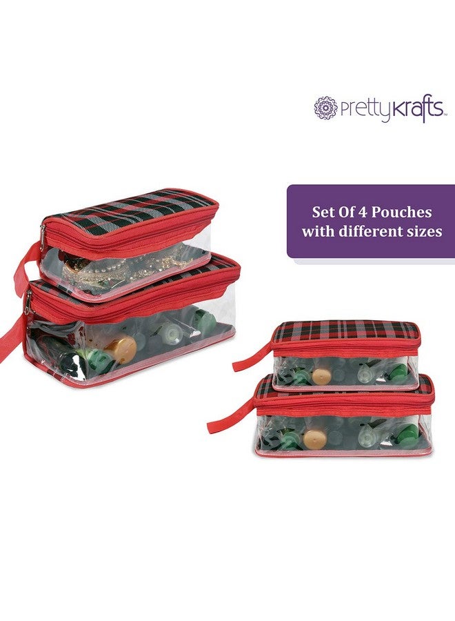 PrettyKrafts Vanity Box - Transparent Multipurpose Makeup Cosmetics Bag (Set of 4 pcs), Red Checks - Image 2