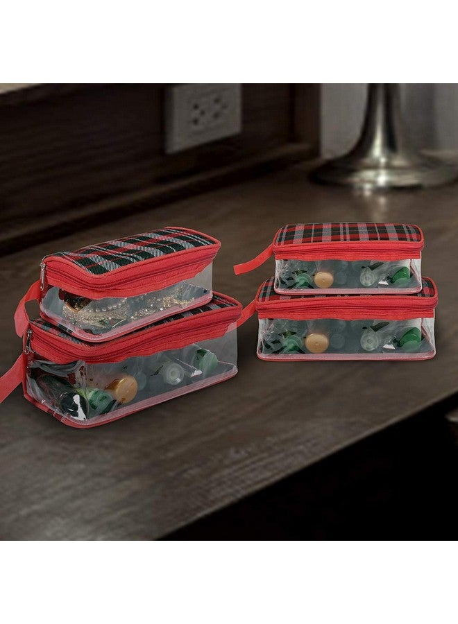 PrettyKrafts Vanity Box - Transparent Multipurpose Makeup Cosmetics Bag (Set of 4 pcs), Red Checks - Image 5