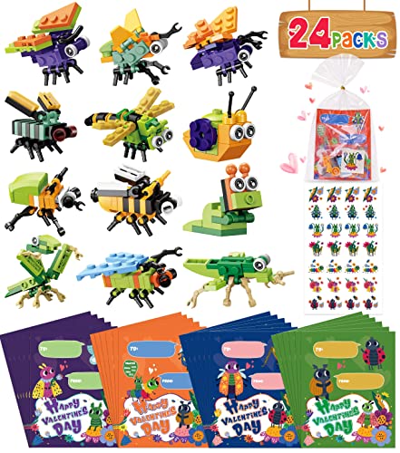 Colplay 24 Pack Valentines Day Gifts Insect Building Blocks with Valentines Cards Stickers Class Gifts Exchange Party Favors for Boys Girls - Image 1