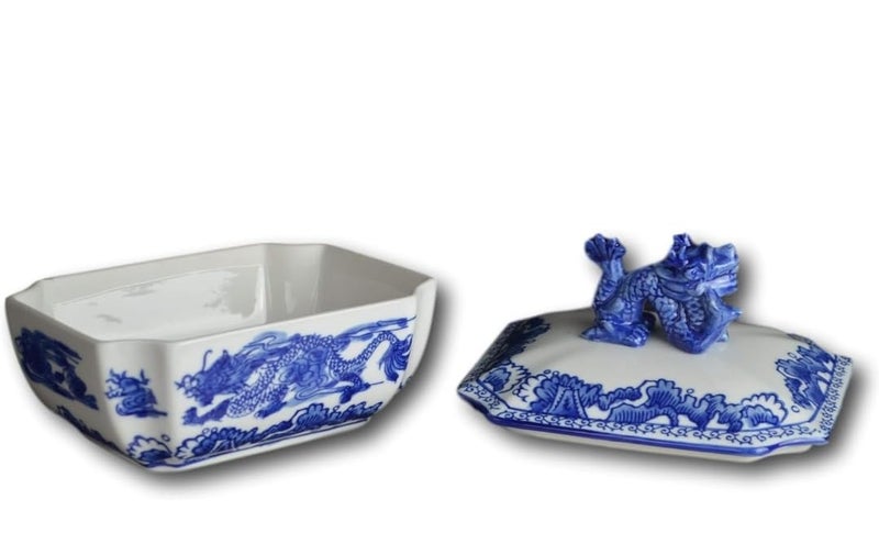Festcool Classic Blue and White Ceramic Porcelain Jar Rectangle Canister, Sugar Candy Container, Tea Container, Dragon Button Lid, Hand-crafted Chinoiserie Decor - Image 4