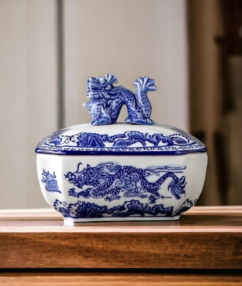 Festcool Classic Blue and White Ceramic Porcelain Jar Rectangle Canister, Sugar Candy Container, Tea Container, Dragon Button Lid, Hand-crafted Chinoiserie Decor - Image 1