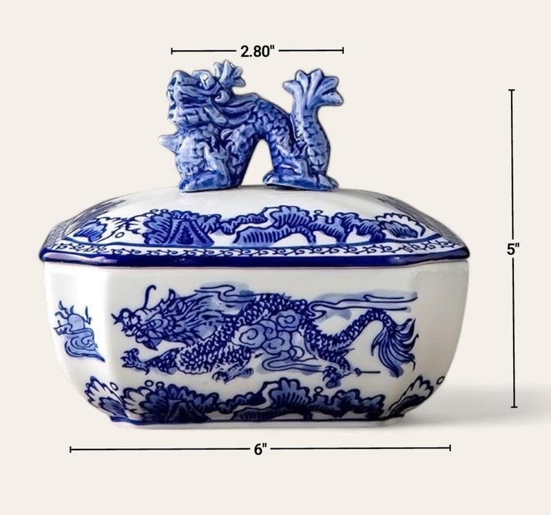 Festcool Classic Blue and White Ceramic Porcelain Jar Rectangle Canister, Sugar Candy Container, Tea Container, Dragon Button Lid, Hand-crafted Chinoiserie Decor - Image 2