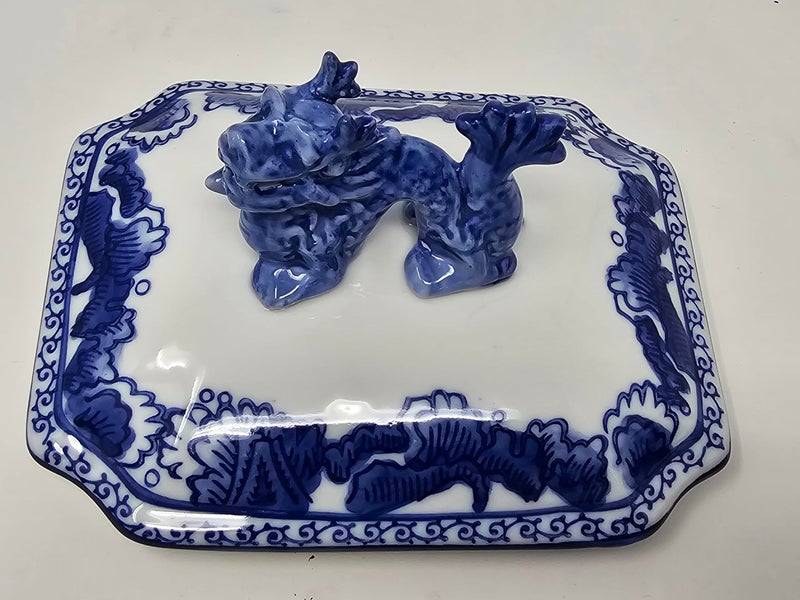 Festcool Classic Blue and White Ceramic Porcelain Jar Rectangle Canister, Sugar Candy Container, Tea Container, Dragon Button Lid, Hand-crafted Chinoiserie Decor - Image 5