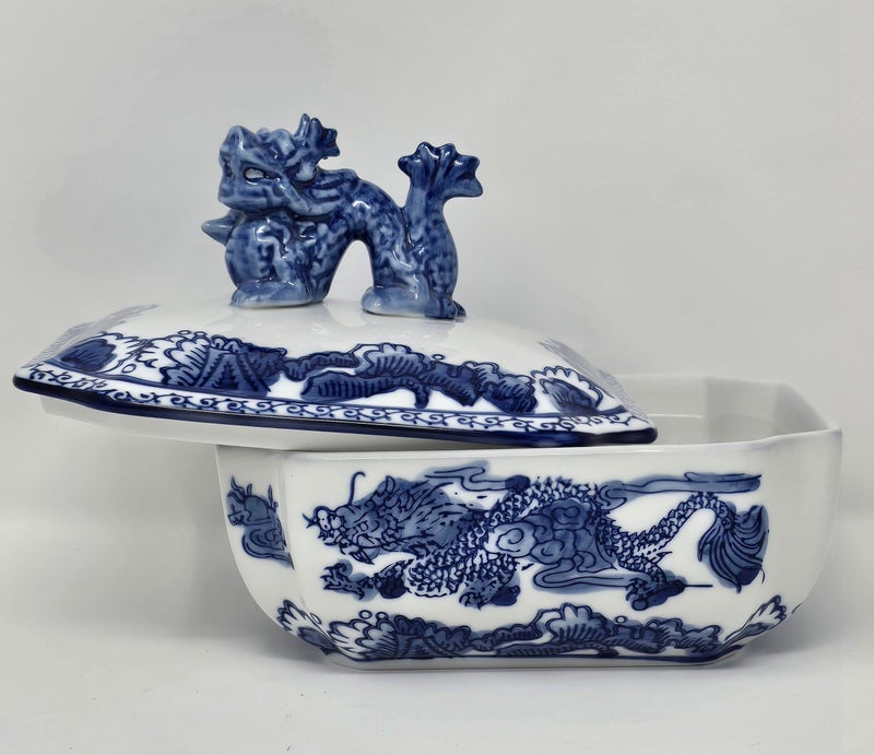 Festcool Classic Blue and White Ceramic Porcelain Jar Rectangle Canister, Sugar Candy Container, Tea Container, Dragon Button Lid, Hand-crafted Chinoiserie Decor - Image 3