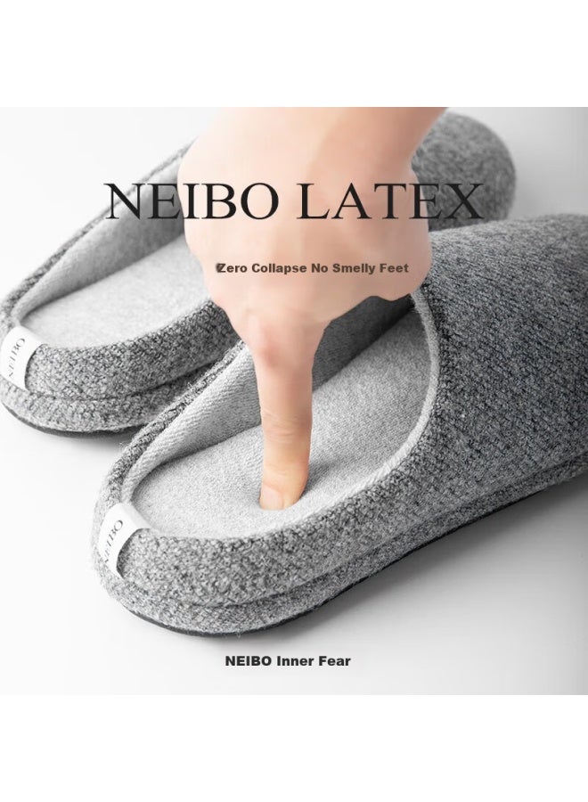 Neibo Latex Cotton Slippers Men Winter Oversized Women Indoor Home Shoes Anti-slip Anti-odor Rubber Soft Bottom Wool Grey Size 40 - Image 2