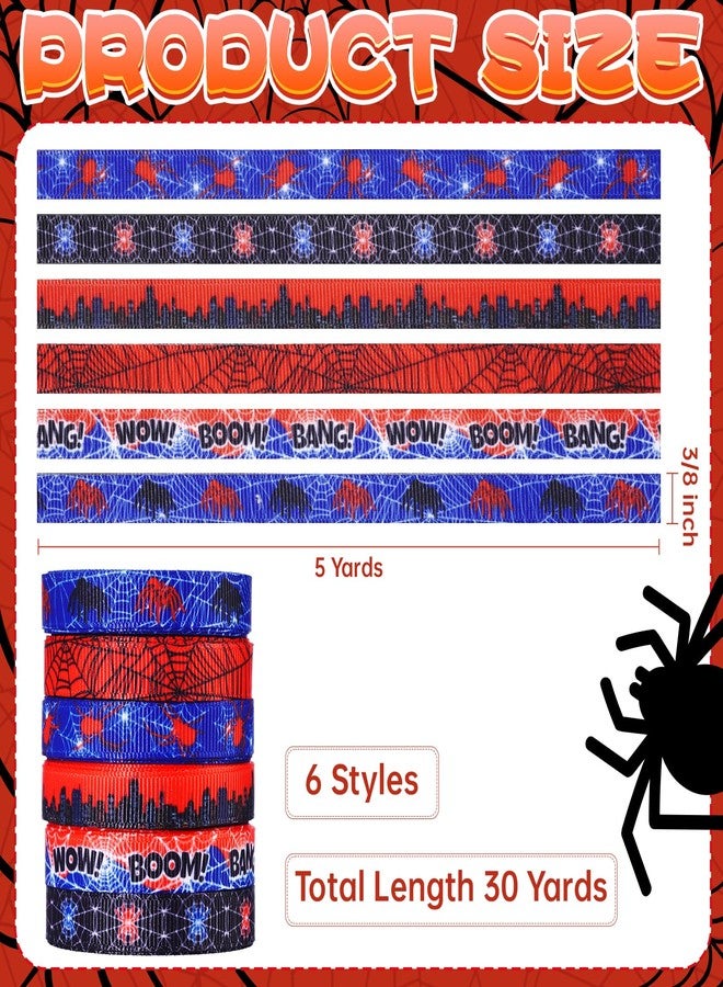 Pineraap 6 Rolls 30 Yards Spider Grosgrain Ribbon 3/8" Red Blue Black Spider Web Craft Ribbon Comic Hero Theme Ribbon for Gift Wrapping Birthday Party Baby Shower Decorations Supplies - Image 2