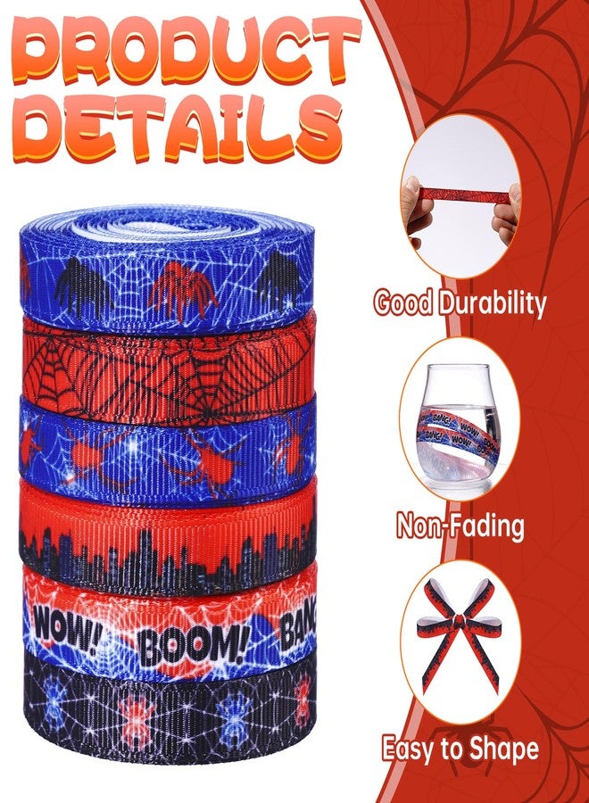 Pineraap 6 Rolls 30 Yards Spider Grosgrain Ribbon 3/8" Red Blue Black Spider Web Craft Ribbon Comic Hero Theme Ribbon for Gift Wrapping Birthday Party Baby Shower Decorations Supplies - Image 3