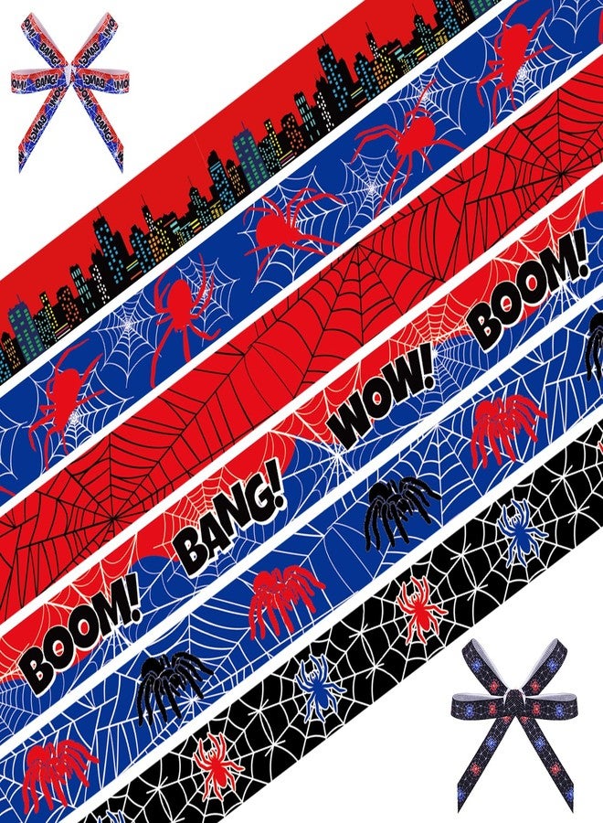 Pineraap 6 Rolls 30 Yards Spider Grosgrain Ribbon 3/8" Red Blue Black Spider Web Craft Ribbon Comic Hero Theme Ribbon for Gift Wrapping Birthday Party Baby Shower Decorations Supplies - Image 1