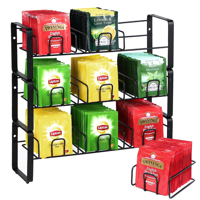 KOLUTI Koluti Tea Bag Organizer Holder 3 Tier Stackable Tea Storage Rack Stand Wall Mounted with Removable Tray Basket Coffee and Sugar Packet Box for Counter Holds 180 Tea Bags Matte Black Metal 