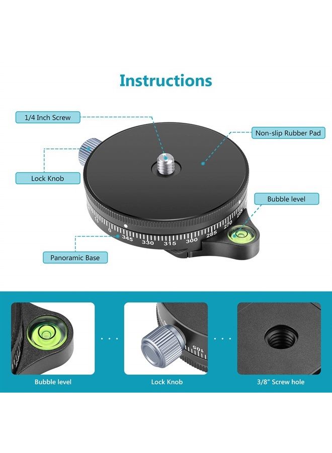 Neewer Camera Panoramic Panning Base with Style Plate, 3/8-inch Screw Aluminum Alloy Panorama Ball Tripod Head with Bubble Level for Tripod Monopod DSLR Cameras, Load Capacity 22 LBS