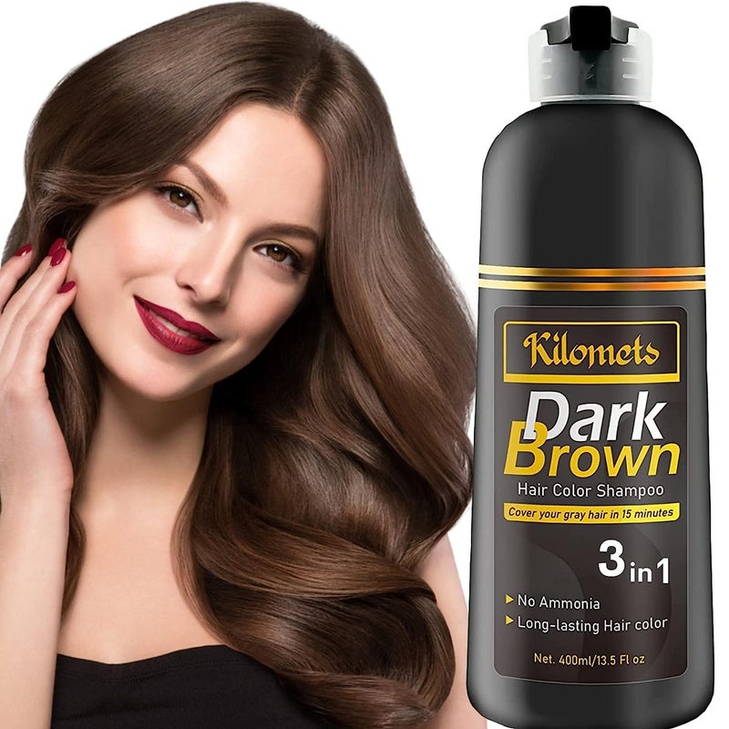 KILOMETS Dark Brown Hair Color Dye Shampoo, 400ml - 100% Grey Coverage in Minutes, Ammonia Free - Gray Silver Hair Dye Shampoo - Image 1