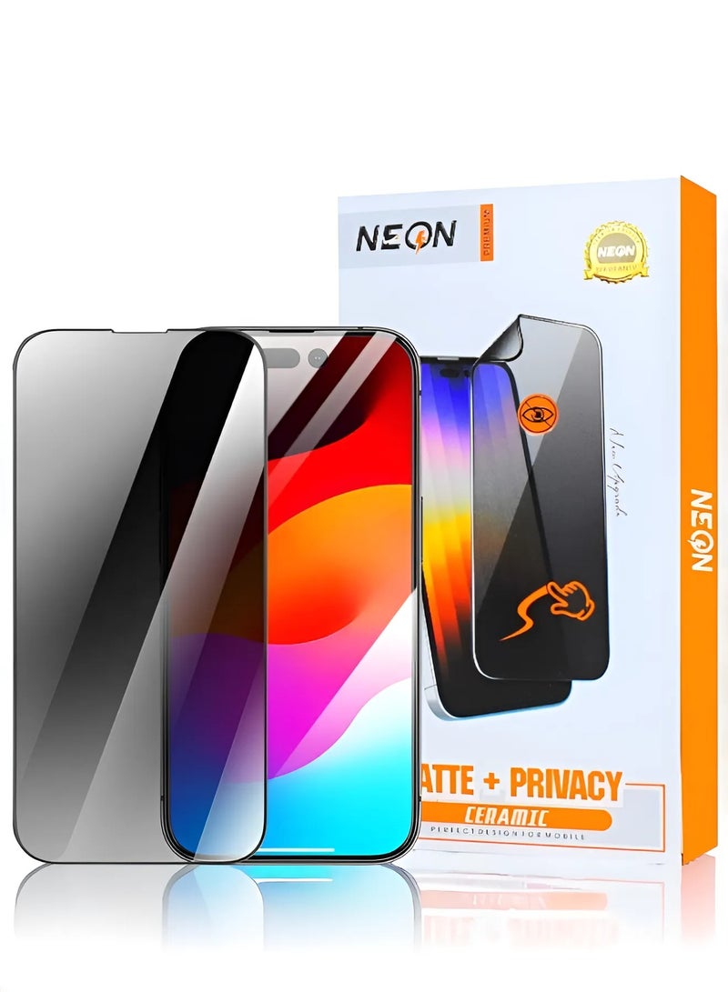 نيون  واقي شاشة سيراميك HD مضاد للتجسس لـ آيفون 15 برو ماكس (iPhone 15 Pro Max) لحماية الخصوصية (ضد البصمة) من Neon, حماية قصوى للشاشة من الخدوش والكسر - Image 1