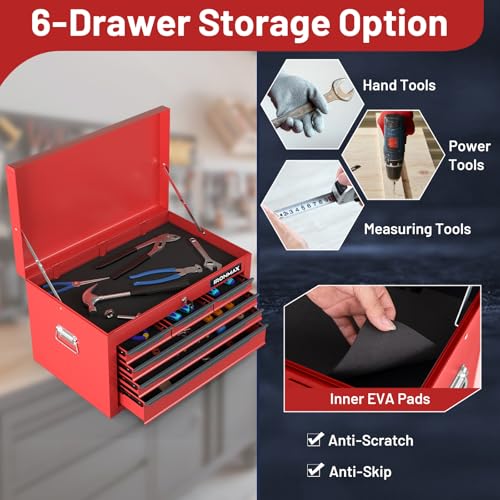Goplus Tool Box, 24” Steel Tool Chest w/6 Drawers, Top Tool Tray,Automatic Lock, Protective Liners, Handle, Smooth Ball Bearing Sides, Portable Tool Storage Organizer, Toolbox for Garage Workshop - Image 3