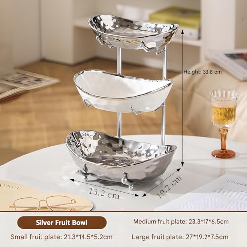 XUDREZ 3 Tier Fruit Bowl with Metal Stand for Kitchen Counter, Ceramic White Gold Silver, Tiered Fruit Basket for Nuts, Snacks, Bread, Candy Storage (Silver) - Image 2