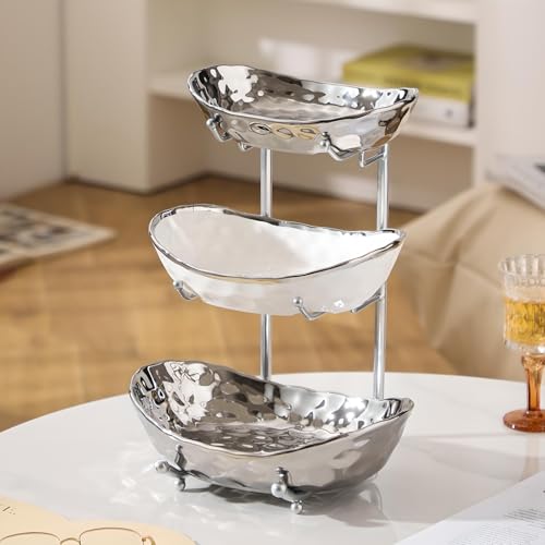 XUDREZ 3 Tier Fruit Bowl with Metal Stand for Kitchen Counter, Ceramic White Gold Silver, Tiered Fruit Basket for Nuts, Snacks, Bread, Candy Storage (Silver) - Image 3