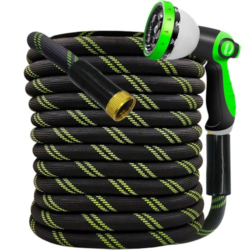 Junredy Garden Hose 25 FT NONEXPANDABLE HeavyDuty Flexible Lightweight Water Hose with 10Function Nozzle NoKink LeakProof Super Fabric Solid Fittings for Lawn Car Outdoor Black Green - Image 1