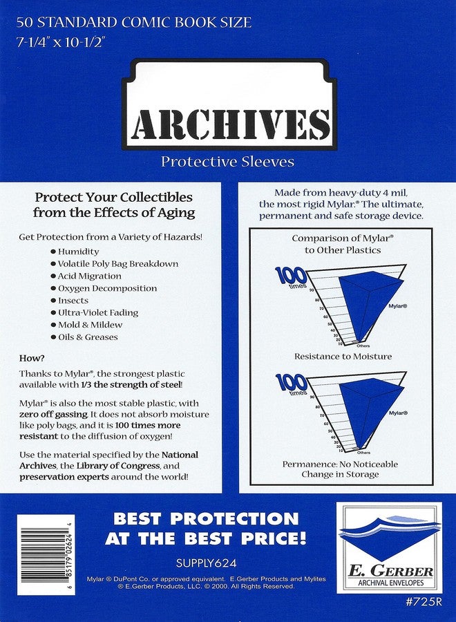 Archives Standard Comic Book 4-Mil Thick Mylar Sleeves 7-1/4" x 10-1/2" Plus Two 7/8" Non-Foldable Flaps - Pack of 50!