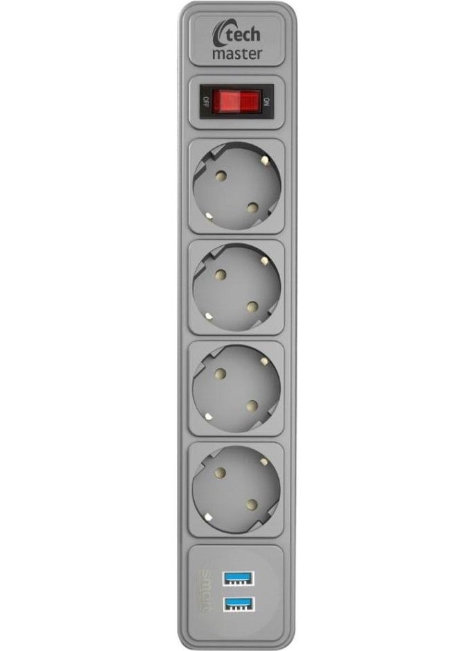 Techmaster 2 USB Current Child Protected 4 Way Socket 2 mt Gray  - Image 1