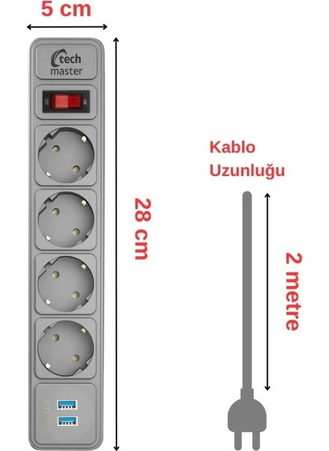Techmaster 2 USB Current Child Protected 4 Way Socket 2 mt Gray  - Image 3