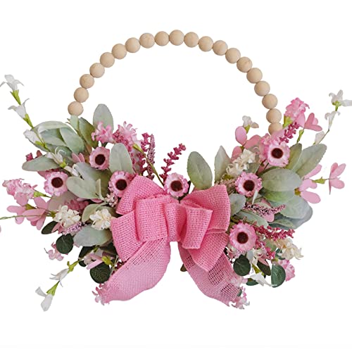 TEMPUS 16" Spring Wooden Beaded Door Wreath Pink Daisy, Burlap Bow Wreath, Valentine's Day, Wedding Indoor and Outdoor Decor Farmhouse Door Decorations - Image 1
