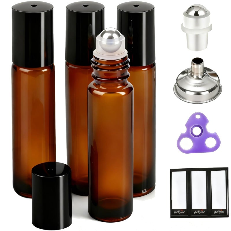 PrettyCare 4 Pack 10 ml Amber Glass Roller Bottles for Essential Oil with Stainless Steel Roller Ball - Refillable Leak-proof Empty Roll on Bottles with Black Caps for Travel, Perfume,Lab - Image 1