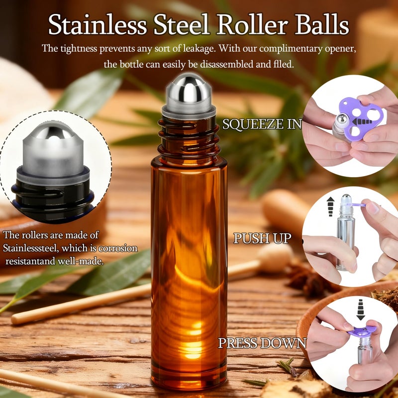 PrettyCare 4 Pack 10 ml Amber Glass Roller Bottles for Essential Oil with Stainless Steel Roller Ball - Refillable Leak-proof Empty Roll on Bottles with Black Caps for Travel, Perfume,Lab - Image 2