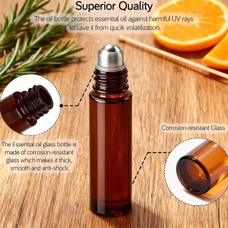 PrettyCare 4 Pack 10 ml Amber Glass Roller Bottles for Essential Oil with Stainless Steel Roller Ball - Refillable Leak-proof Empty Roll on Bottles with Black Caps for Travel, Perfume,Lab - Image 3